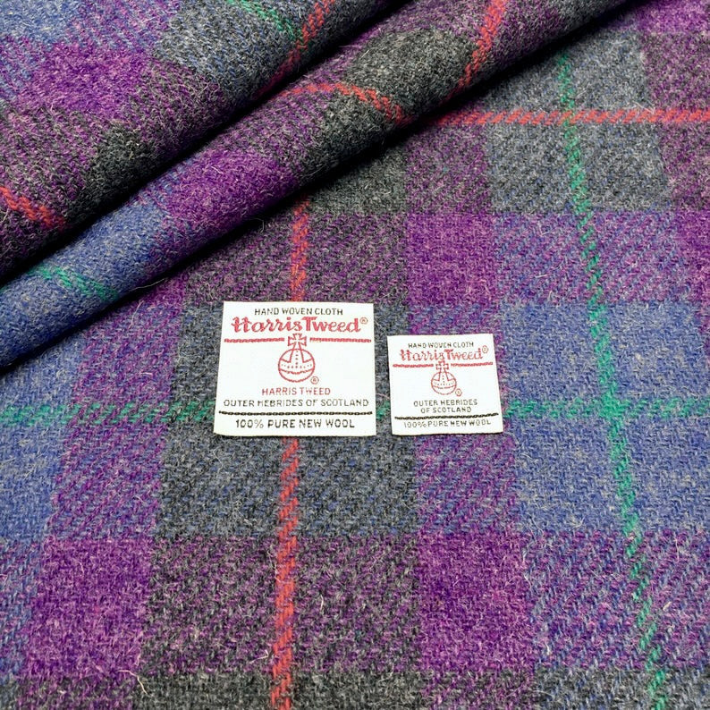 Purple, Blue & Grey Tartan Check With Red & Green Overcheck Harris Tweed - BY THE METRE / HALF