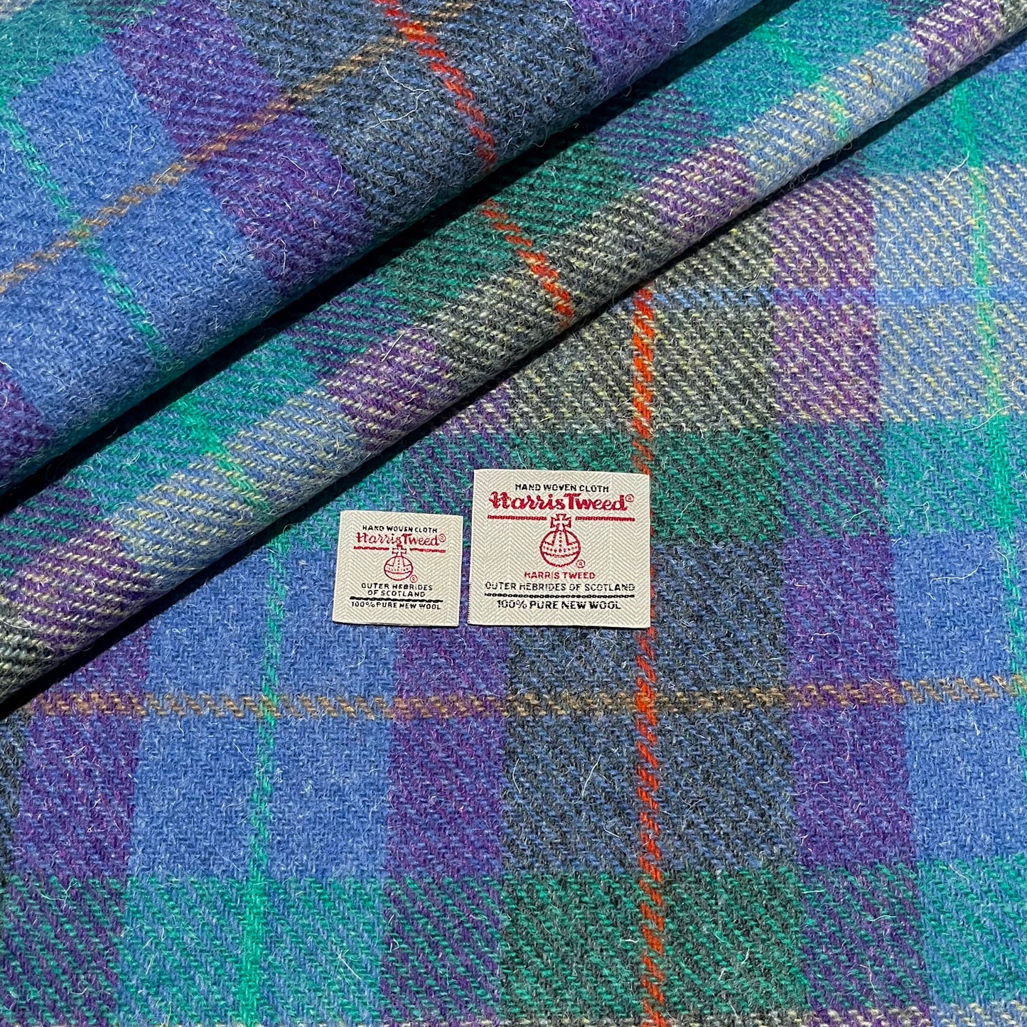 Purple/Green Tartan Check with Orange, Yellow, Blue & Green Overcheck Harris Tweed - BY THE METRE / HALF