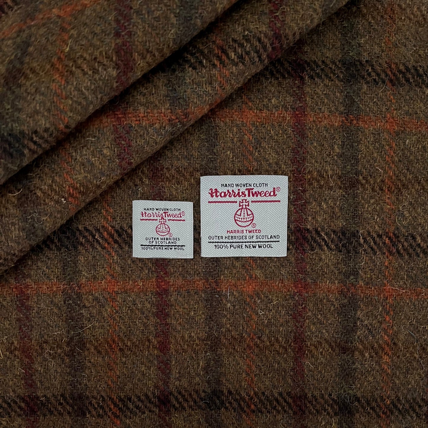 Brown Small Check with Orange, Red & Brown Overcheck Harris Tweed - BY THE METRE / HALF