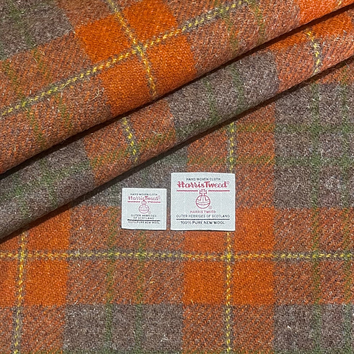 Rust Orange & Sepia Tartan with Yellow & Green Overcheck Harris Tweed - BY THE METRE / HALF