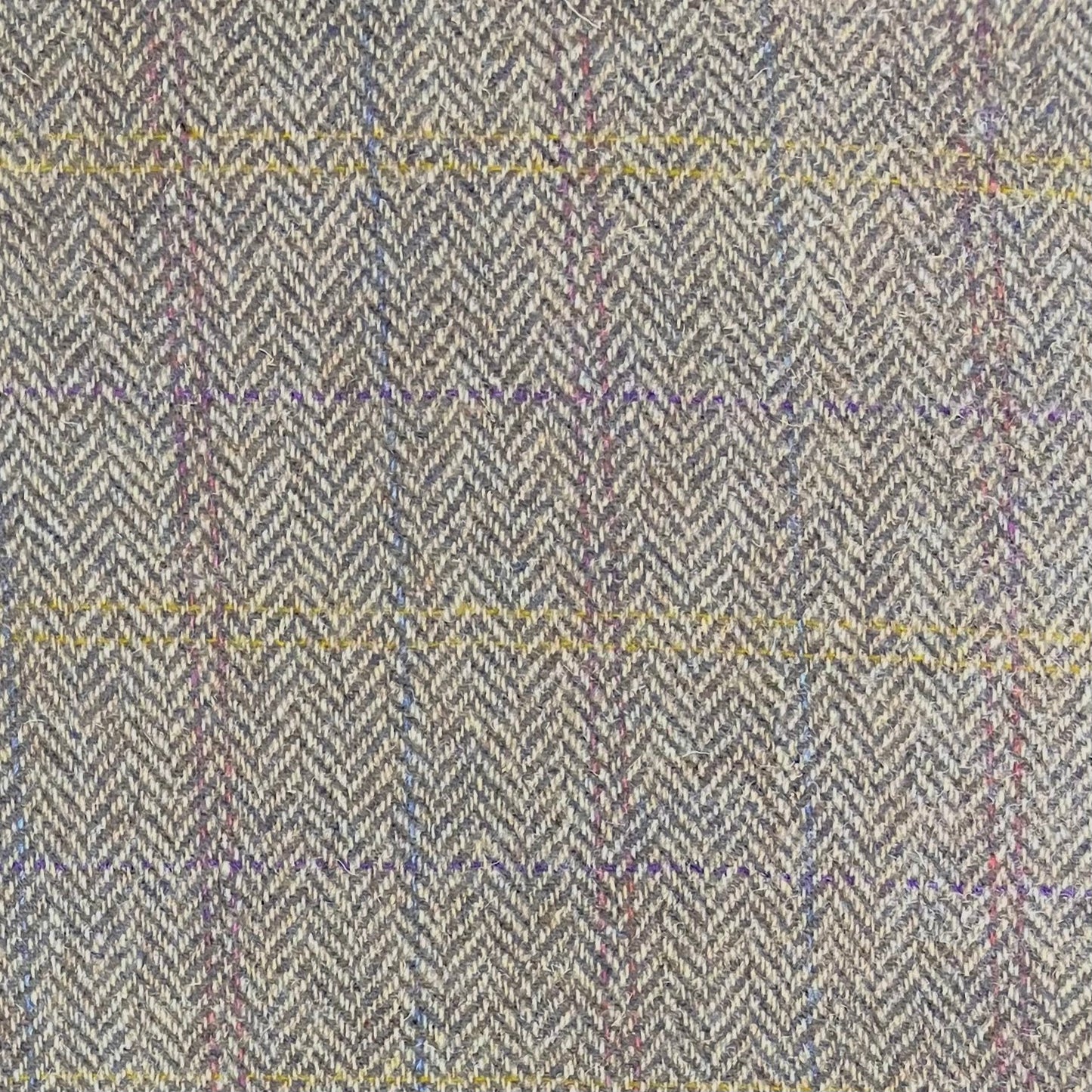 Heather & Oatmeal Herringbone with Purple, Pink, Yellow & Blue Overcheck Harris Tweed - BY THE METRE / HALF