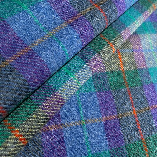 Purple/Green Tartan Check with Orange, Yellow, Blue & Green Overcheck Harris Tweed - BY THE METRE / HALF
