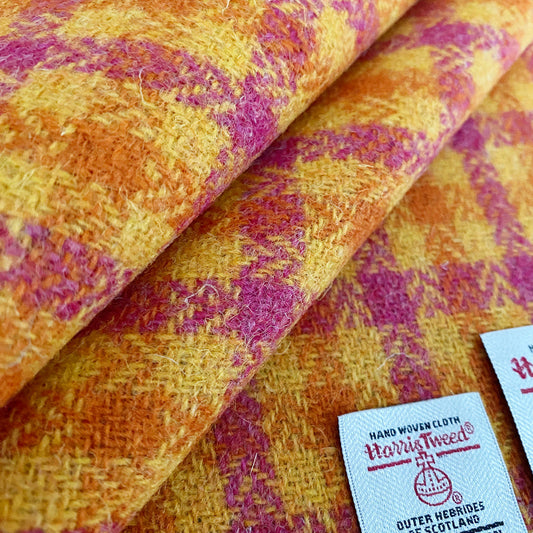 Yellow, Pink & Orange Herringbone Small Check Harris Tweed - BY THE METRE / HALF