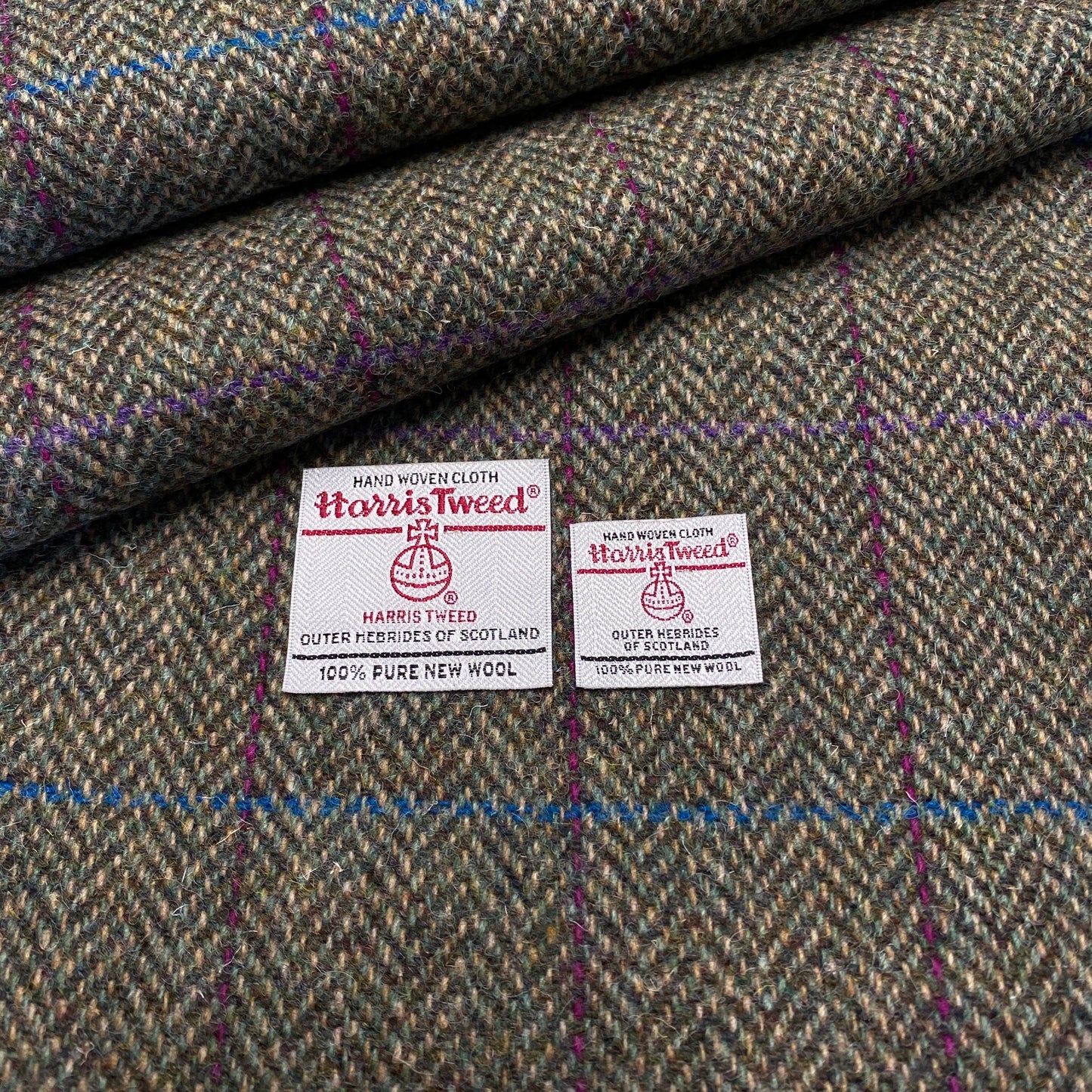 Green / Brown Herringbone with Pink, Purple & Blue Overcheck Harris Tweed