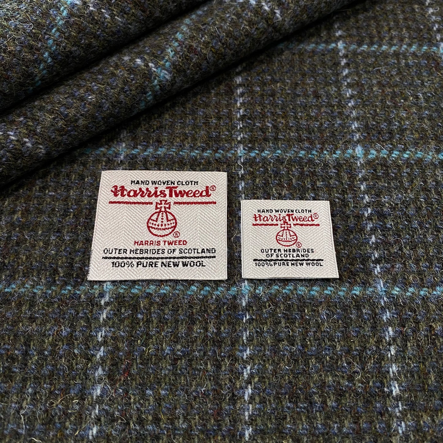 Dark Khaki Green / Blue with Aqua & Grey Overcheck Harris Tweed