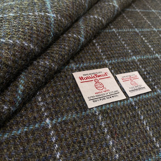 Dark Khaki Green / Blue with Aqua & Grey Overcheck Harris Tweed