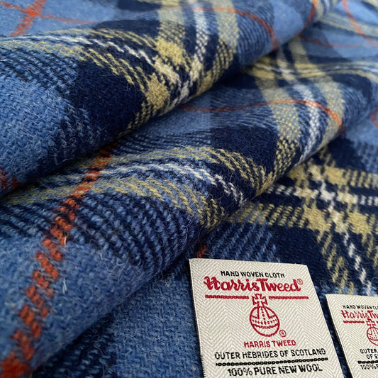 Blue, Pale Green & White Tartan With Orange Overcheck Tartan Harris Tweed