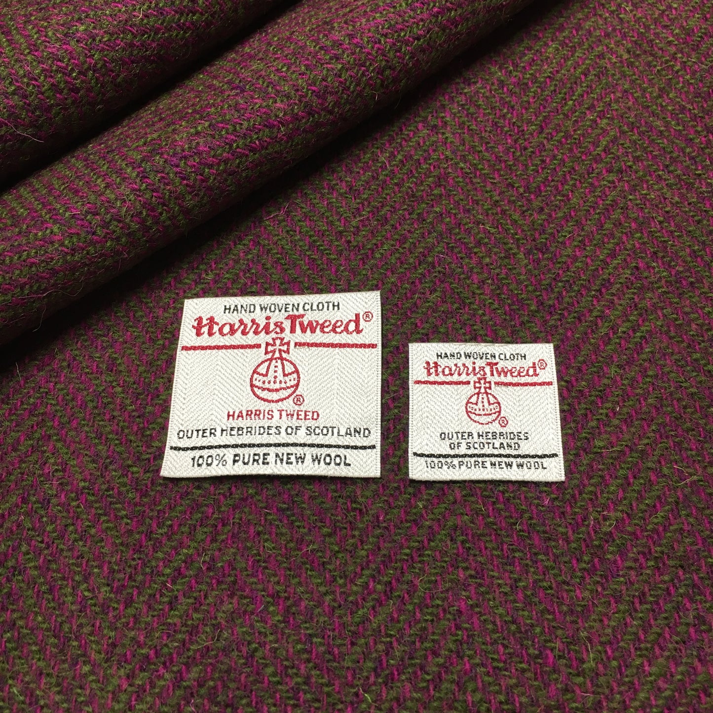 Cerise Pink & Olive Green Wide Herringbone Harris Tweed - BY THE METRE / HALF