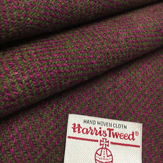 Cerise Pink & Olive Green Wide Herringbone Harris Tweed - BY THE METRE / HALF