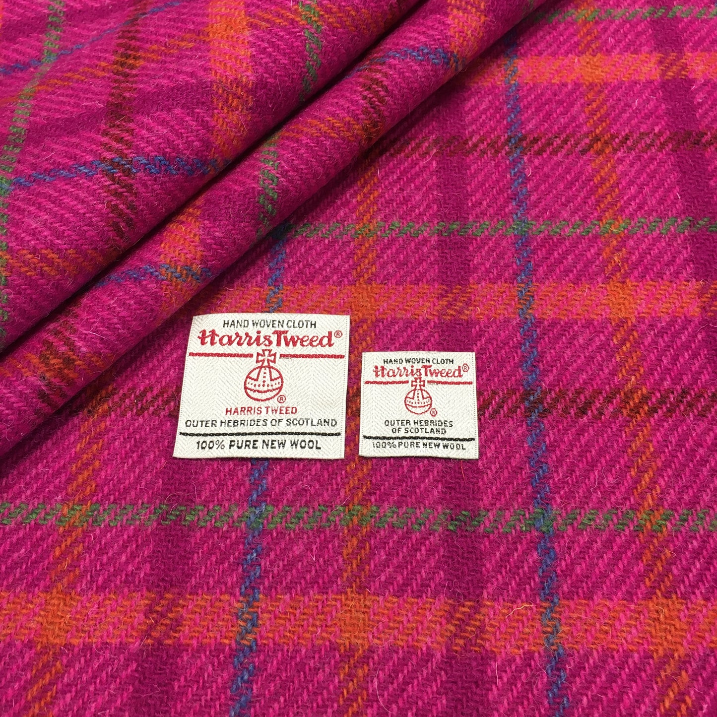 Cerise Pink Check With Orange, Blue & Green Overcheck Harris Tweed - BY THE METRE / HALF