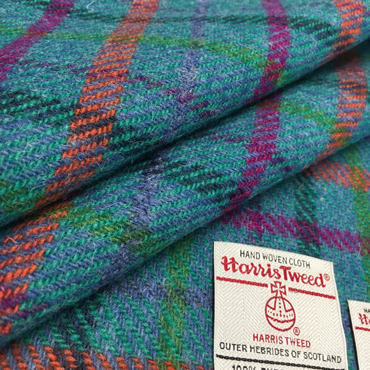 Turquoise Check With Orange & Cerise Overcheck Harris Tweed - BY THE METRE / HALF