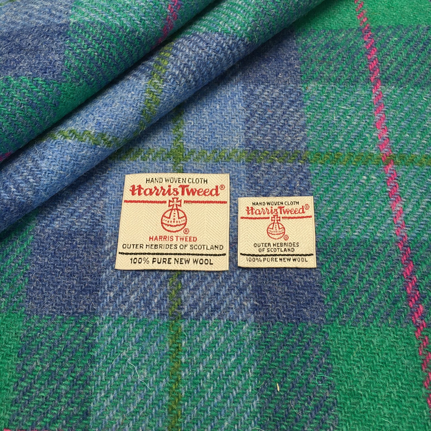 Jade & Cornflower Blue Tartan With Pink & Green Overcheck Harris Tweed - BY THE METRE / HALF