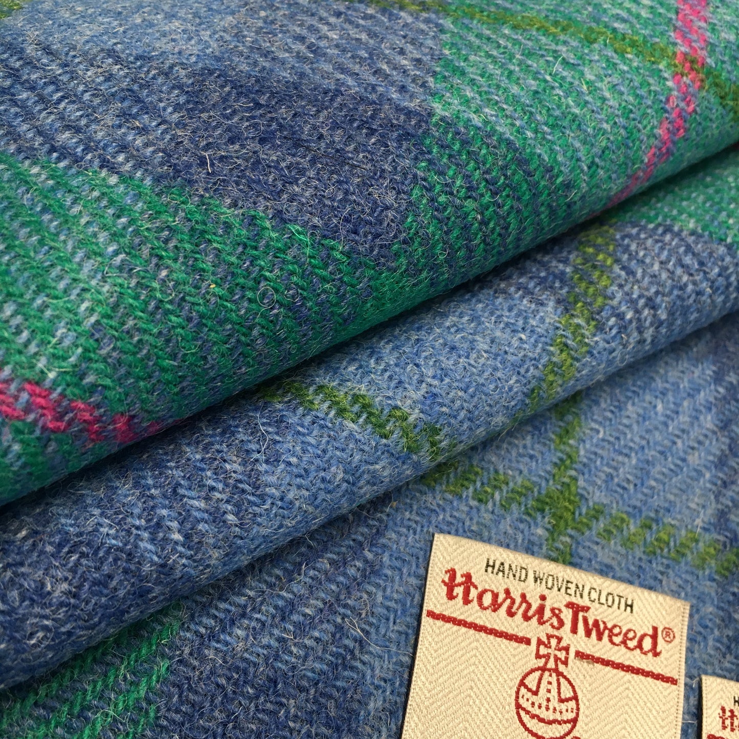 Jade & Cornflower Blue Tartan With Pink & Green Overcheck Harris Tweed - BY THE METRE / HALF