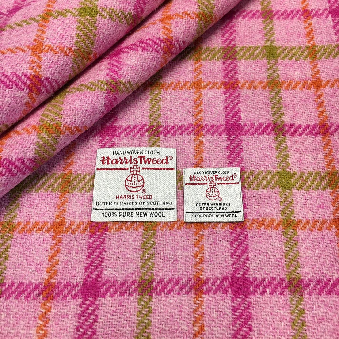 Baby Pink Check With Bright Pink, Orange & Green Overcheck Harris Tweed