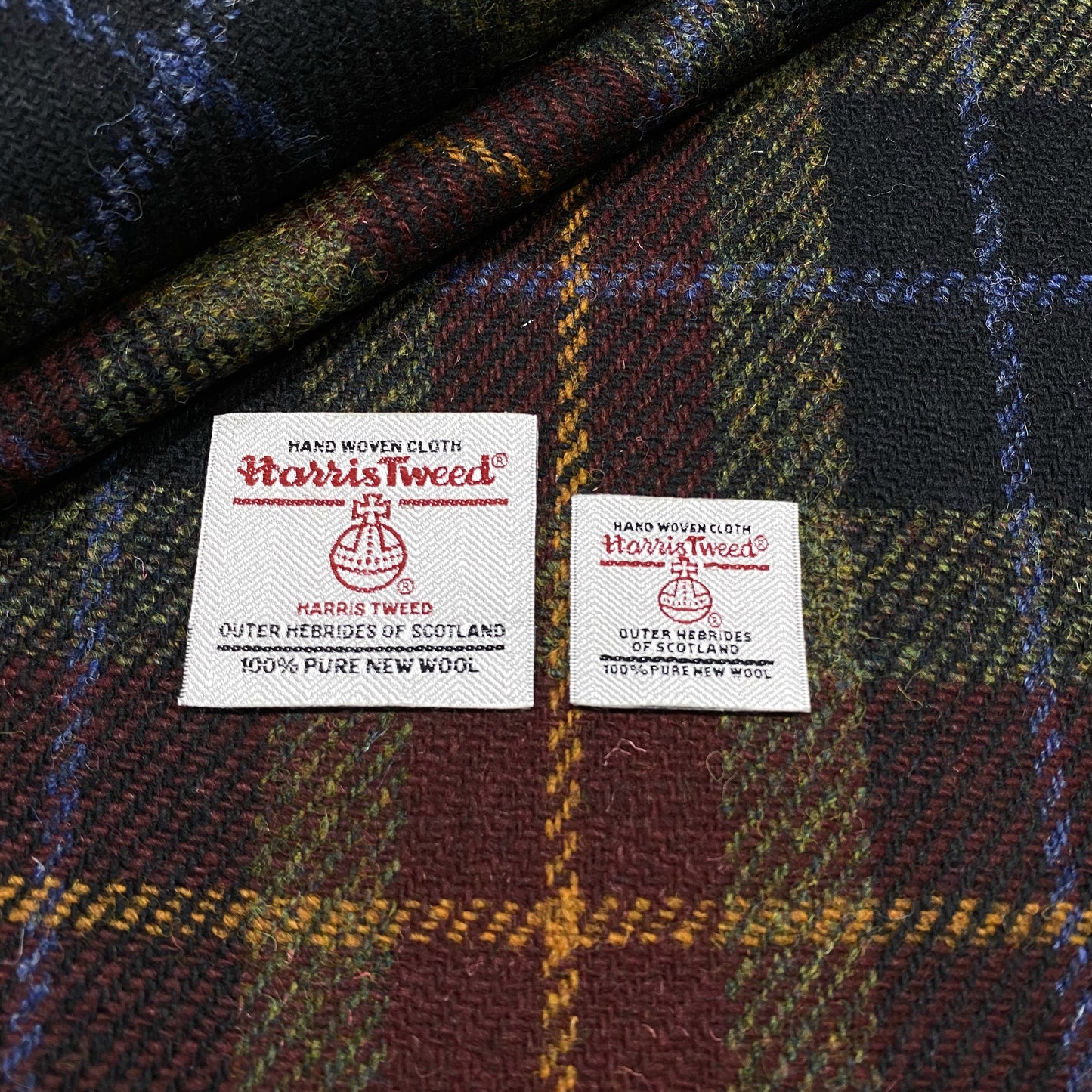 Dark Autumn Moss Green & Wine Red Tartan Check Harris Tweed