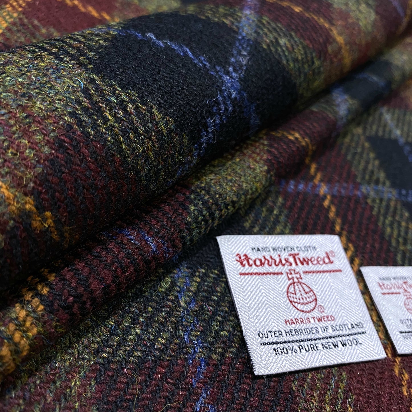Dark Autumn Moss Green & Wine Red Tartan Check Harris Tweed