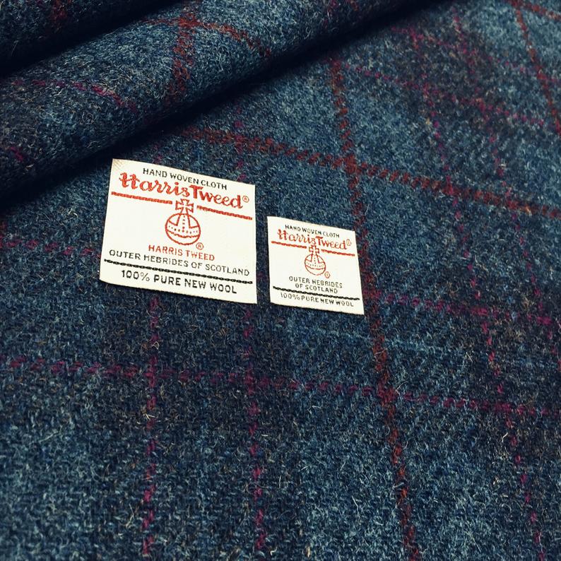 Navy Blue Tartan Check With Pink & Red Overcheck Harris Tweed - BY THE METRE / HALF
