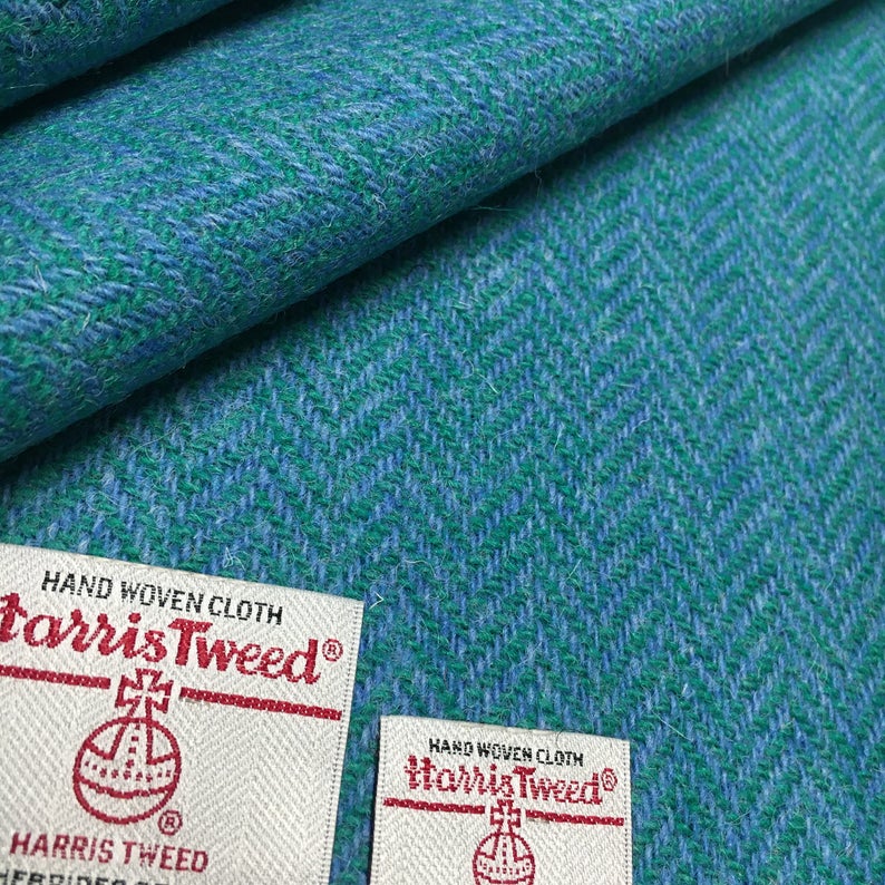 Jade Green & Cornflower Blue Herringbone Harris Tweed - BY THE METRE / HALF