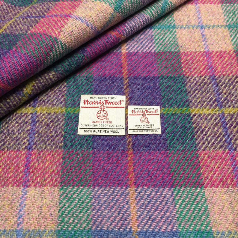 Purple, Green & Pink Tartan Check Harris Tweed - BY THE METRE / HALF