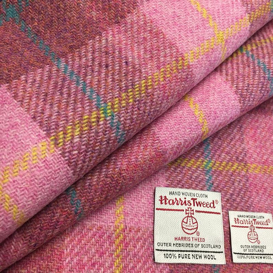 Blush Pink Tartan Check With Yellow & Aqua Overcheck Harris Tweed - BY THE METRE / HALF