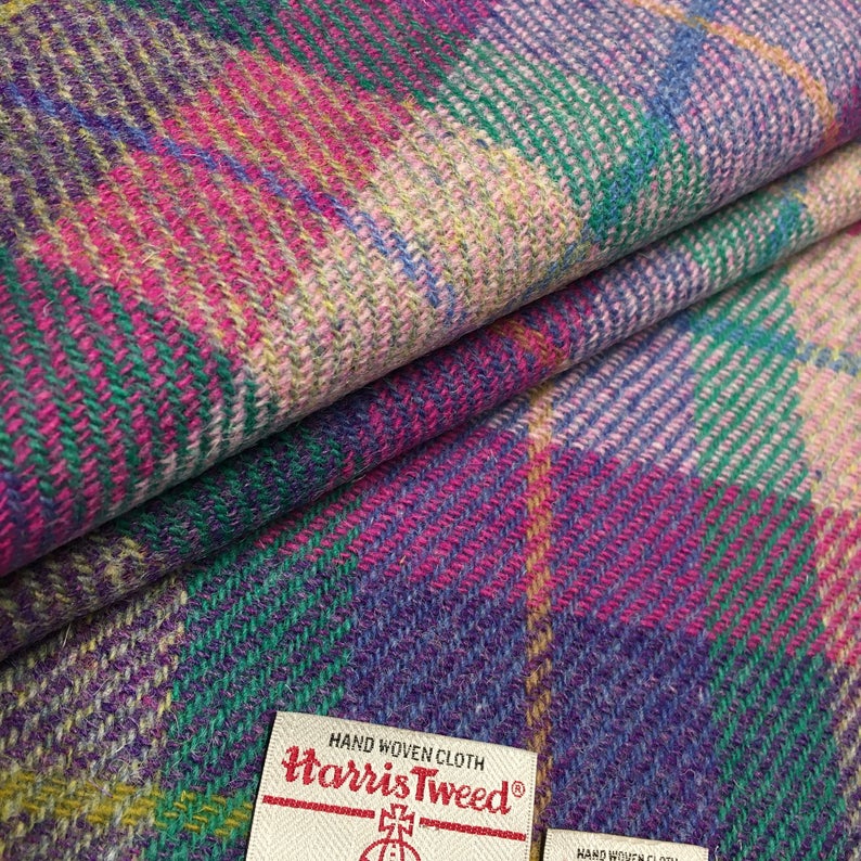 Purple, Green & Pink Tartan Check Harris Tweed - BY THE METRE / HALF