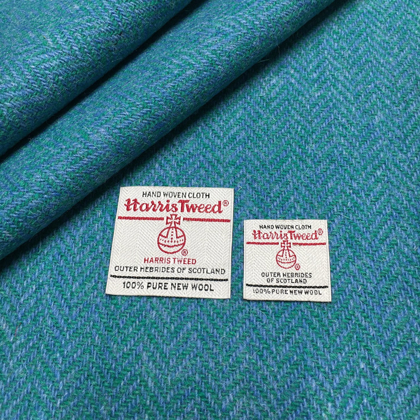 Jade Green & Cornflower Blue Herringbone Harris Tweed - BY THE METRE / HALF