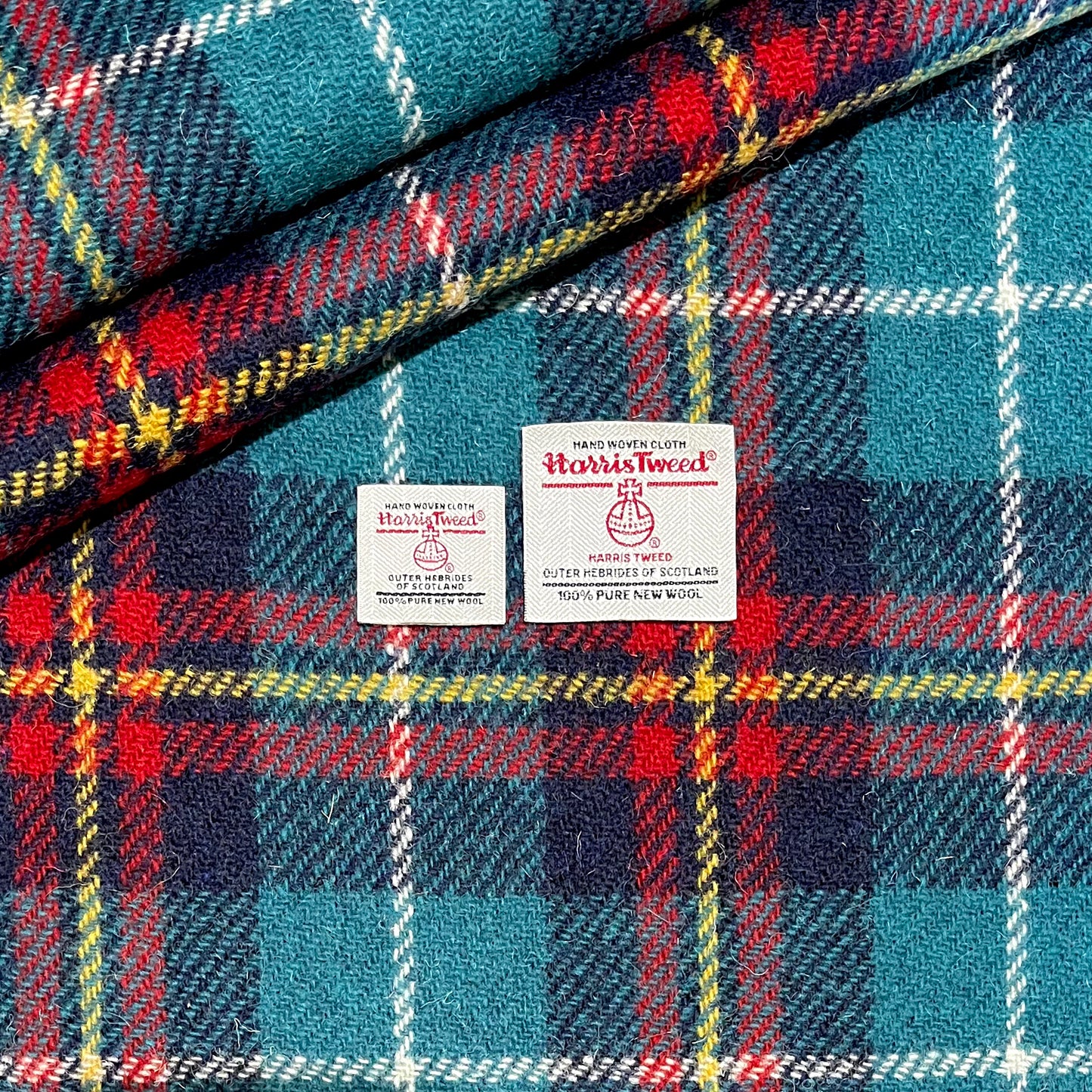 Dark Turquoise, Navy, & Red Tartan with Yellow & White Overcheck Harris Tweed - BY THE METRE / HALF
