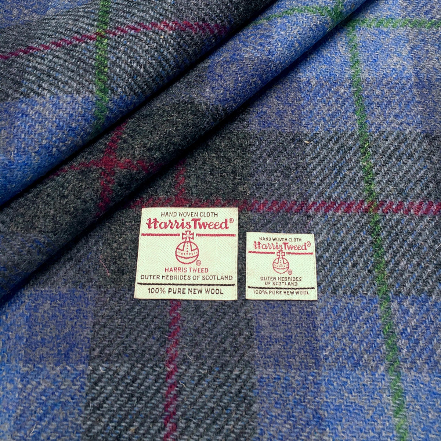 Blue & Grey Tartan Check With Red & Green Overcheck Harris Tweed - BY THE METRE / HALF
