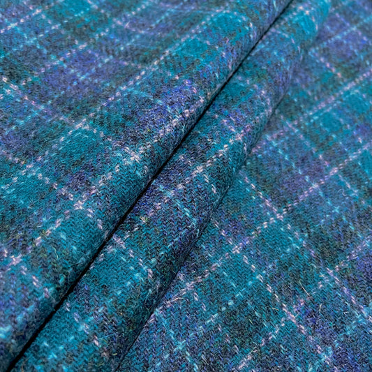 Dark Turquoise & Persian Blue Small Check with Aqua Overcheck Harris Tweed - BY THE METRE / HALF