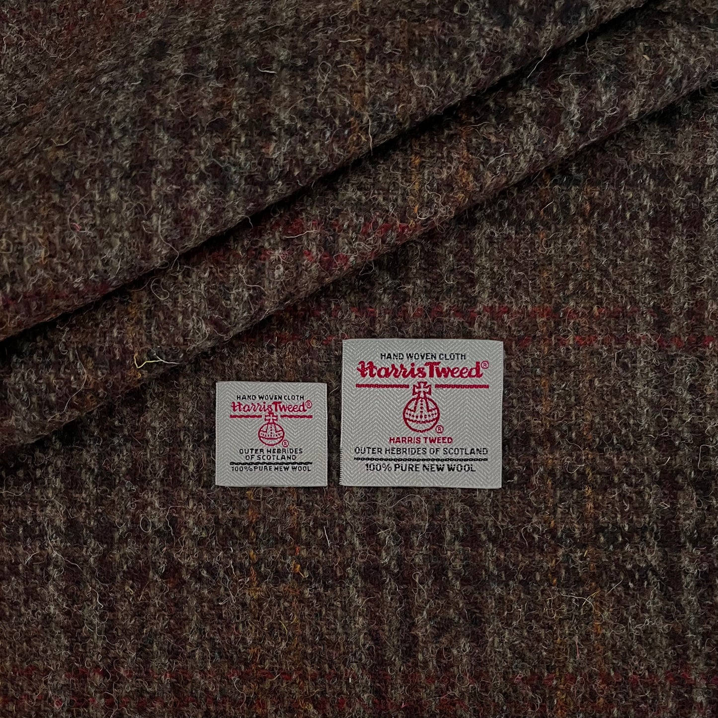 Brown & Grey Check with Red & Orange Overcheck Harris Tweed - BY THE METRE / HALF
