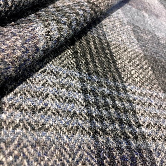 Black & Blue / Grey Herringbone Check Harris Tweed - BY THE METRE / HALF
