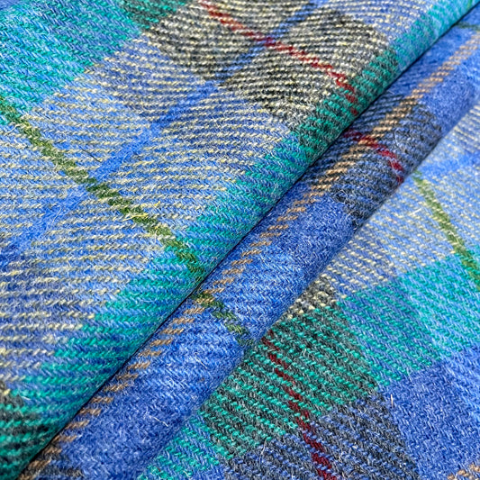 Cornflower Blue & Jade Green Tartan Check with Red, Green, Blue, & Yellow Overcheck Harris Tweed - BY THE METRE / HALF