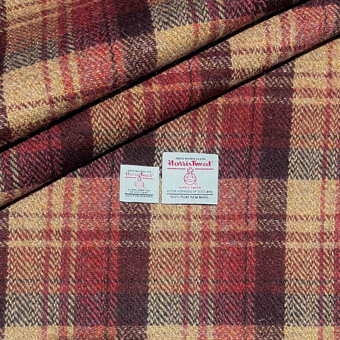 Wine Red, Raspberry Rust, & Caramel Herringbone Check Harris Tweed - BY THE METRE / HALF