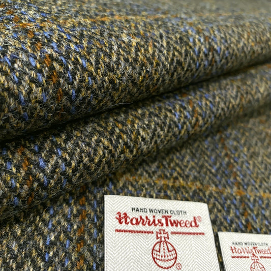 Brown & Black Mix Herringbone With Blue & Brown Overcheck Harris Tweed