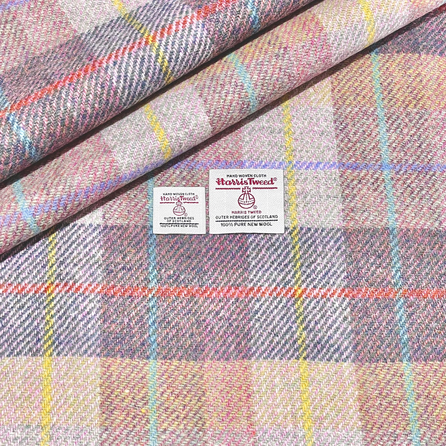 Pale Pinks, Pale Greens, and Peacock Tartan with Yellow, Orange, Cornflower Blue, Aqua Overcheck Harris Tweed