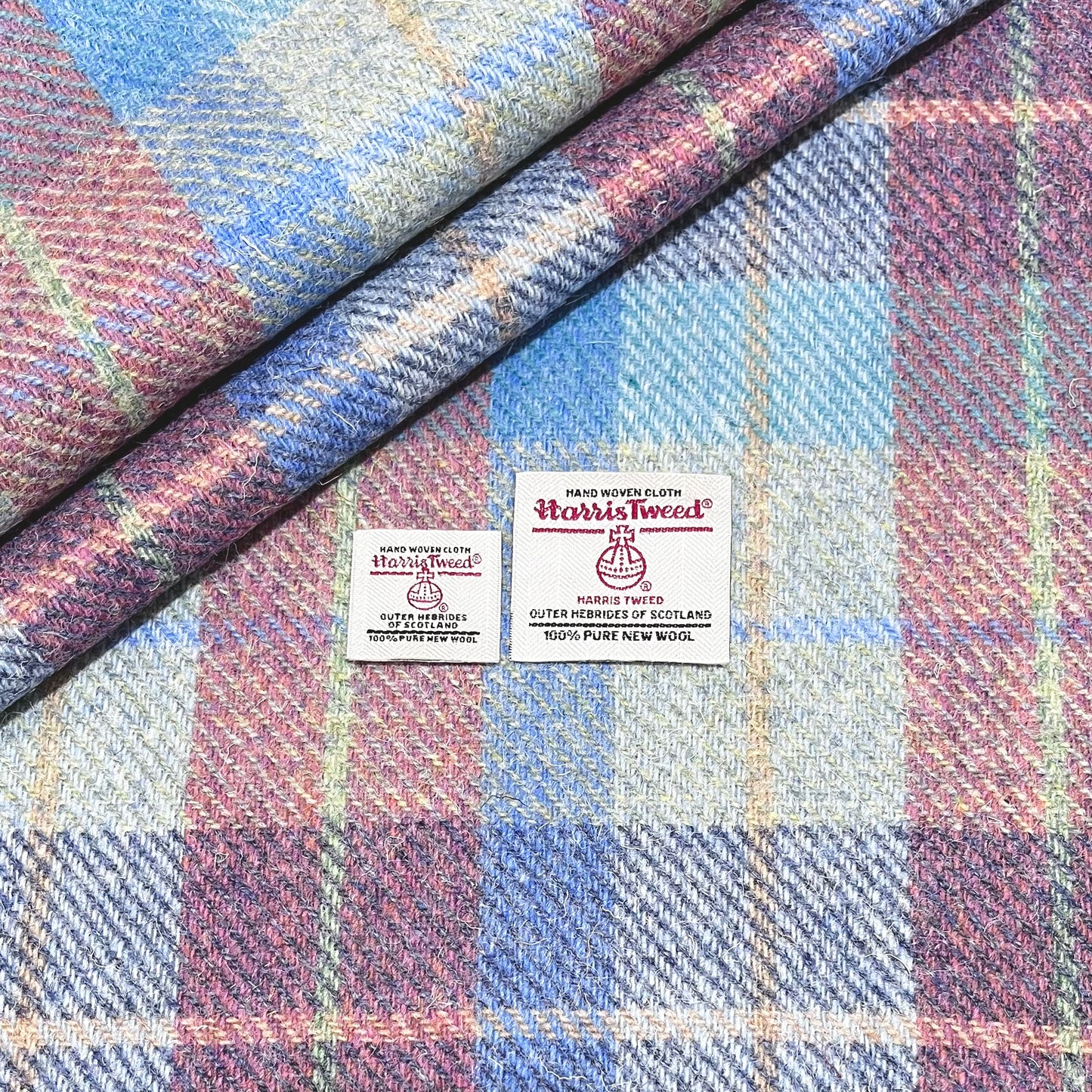 Blue & Pink Tartan with Blue, Peach, & Mint Overcheck Harris Tweed - BY THE METRE / HALF