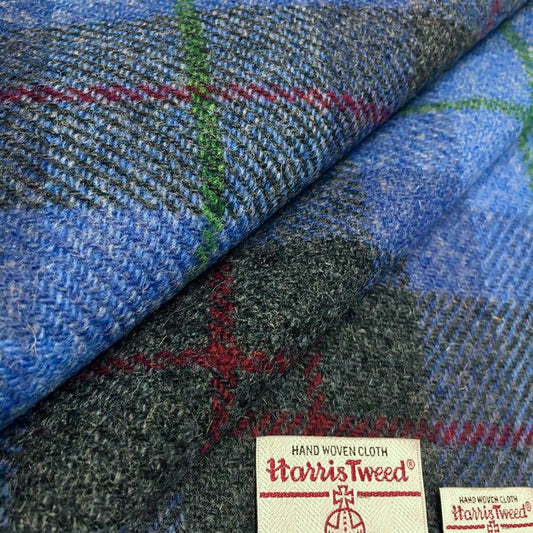 Blue & Grey Tartan Check With Red & Green Overcheck Harris Tweed - BY THE METRE / HALF