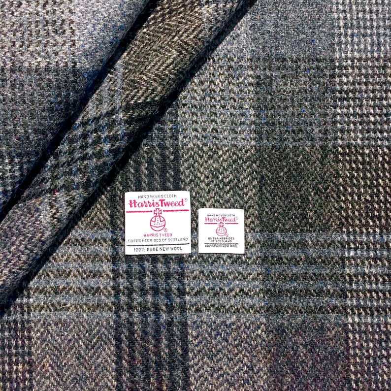 Black & Blue / Grey Herringbone Check Harris Tweed - BY THE METRE / HALF