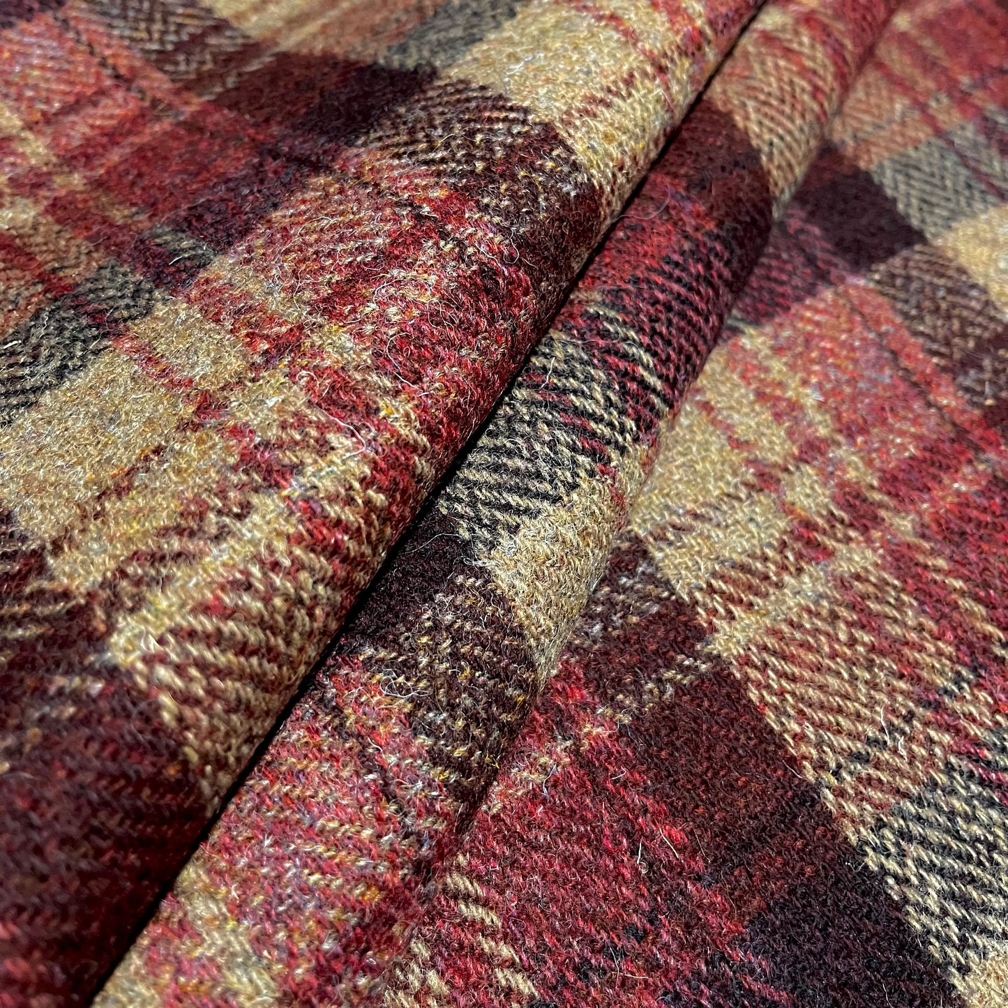 Wine Red, Raspberry Rust, & Caramel Herringbone Check Harris Tweed - BY THE METRE / HALF