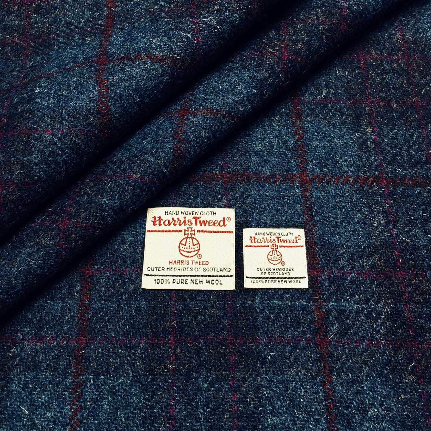 Navy Blue Tartan Check With Pink & Red Overcheck Harris Tweed - BY THE METRE / HALF