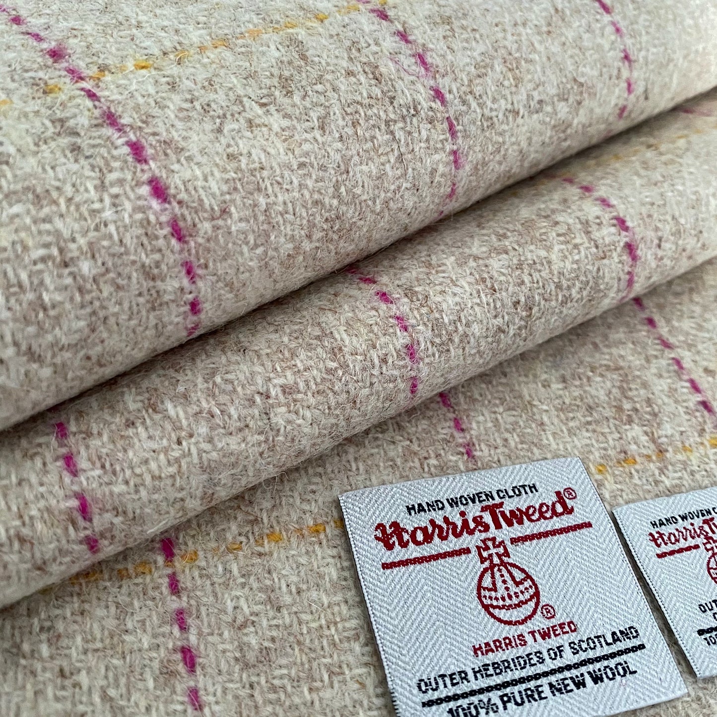 Oatmeal With Pink & Yellow Overcheck Harris Tweed