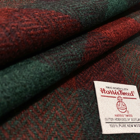 Traditional Christmas Red & Green Herringbone Check Harris Tweed  - BY THE METRE / HALF / QUARTER