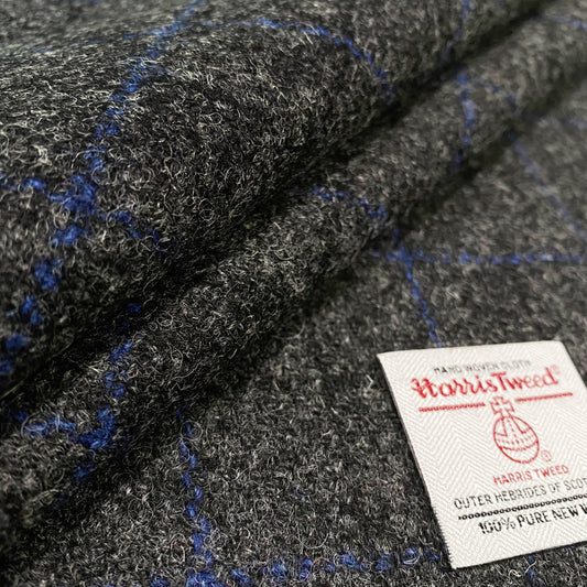 Dark Charcoal with Black & Blue Overcheck Harris Tweed - BY THE METRE