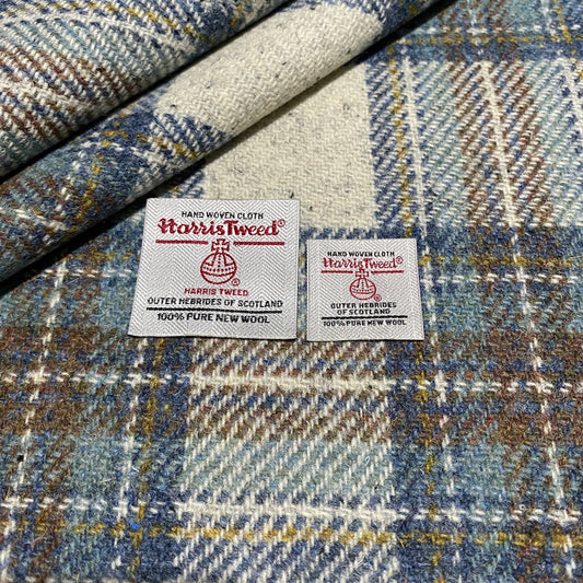 White With Flecks & Blue Tartan Harris Tweed - BY THE METRE / HALF