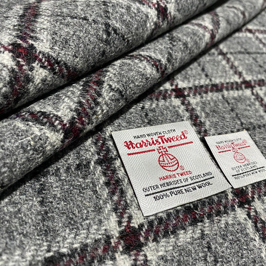 Mid Grey Tartan with Wine Red Overcheck Harris Tweed