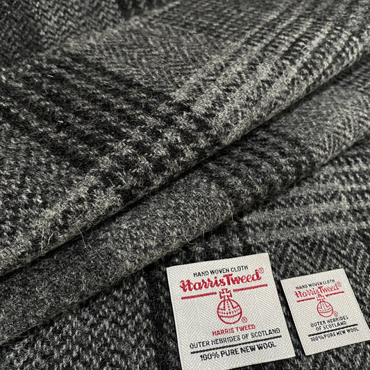 Black & Mid Grey/Dark Grey Herringbone Check Harris Tweed - BY THE METRE