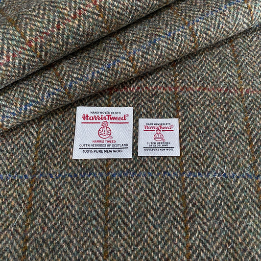 Green Tones Herringbone With Red, Blue & Brown Overcheck Harris Tweed