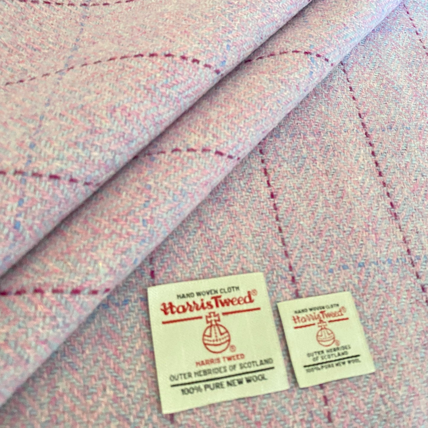 Baby Pink & Blue Herringbone with Dark Pink & Blue Overcheck Harris Tweed - BY THE METRE / HALF / QUARTER