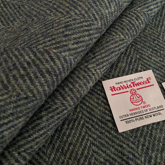 Dark Blue & Mint Green Wide Herringbone Harris Tweed - BY THE METRE