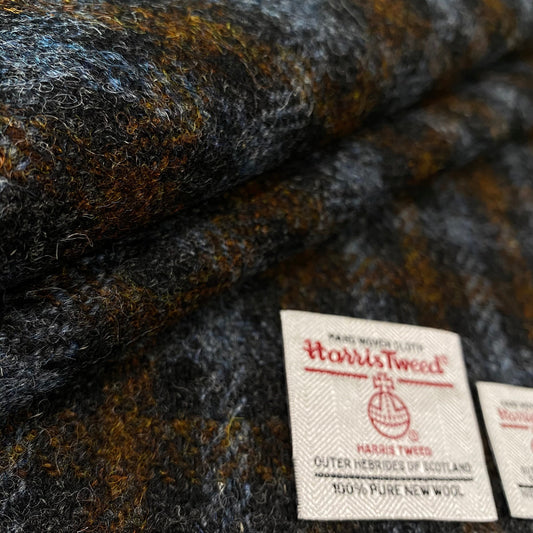 Brown & Slate Blue / Grey Small Check Harris Tweed - BY THE METRE